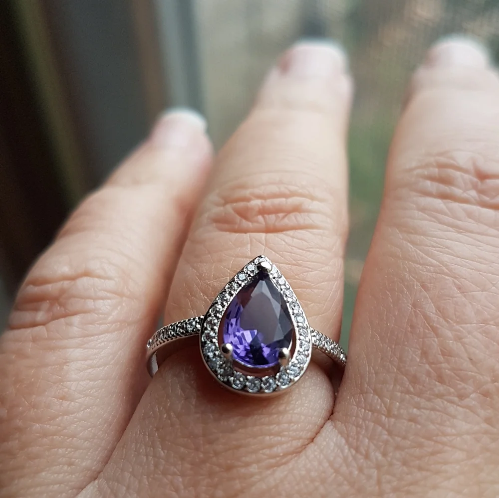Swarovski Elements 925 Sterling Silver Amethyst Purple Teardrop Ring NEW